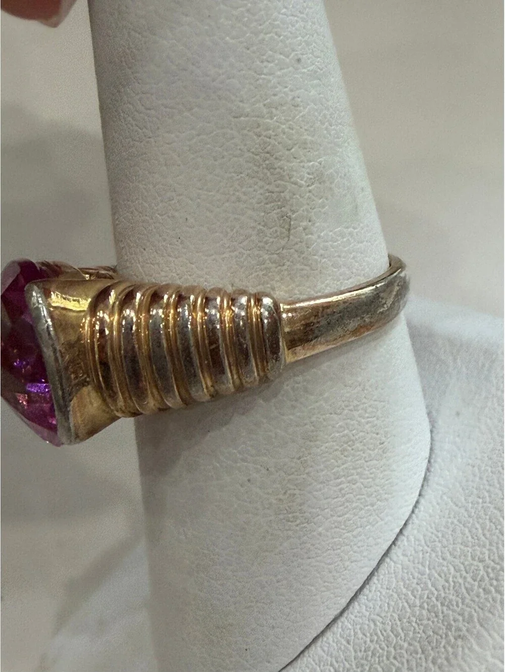 Vintage Pink Gemstone Ring with Gold Tone Band Size 9